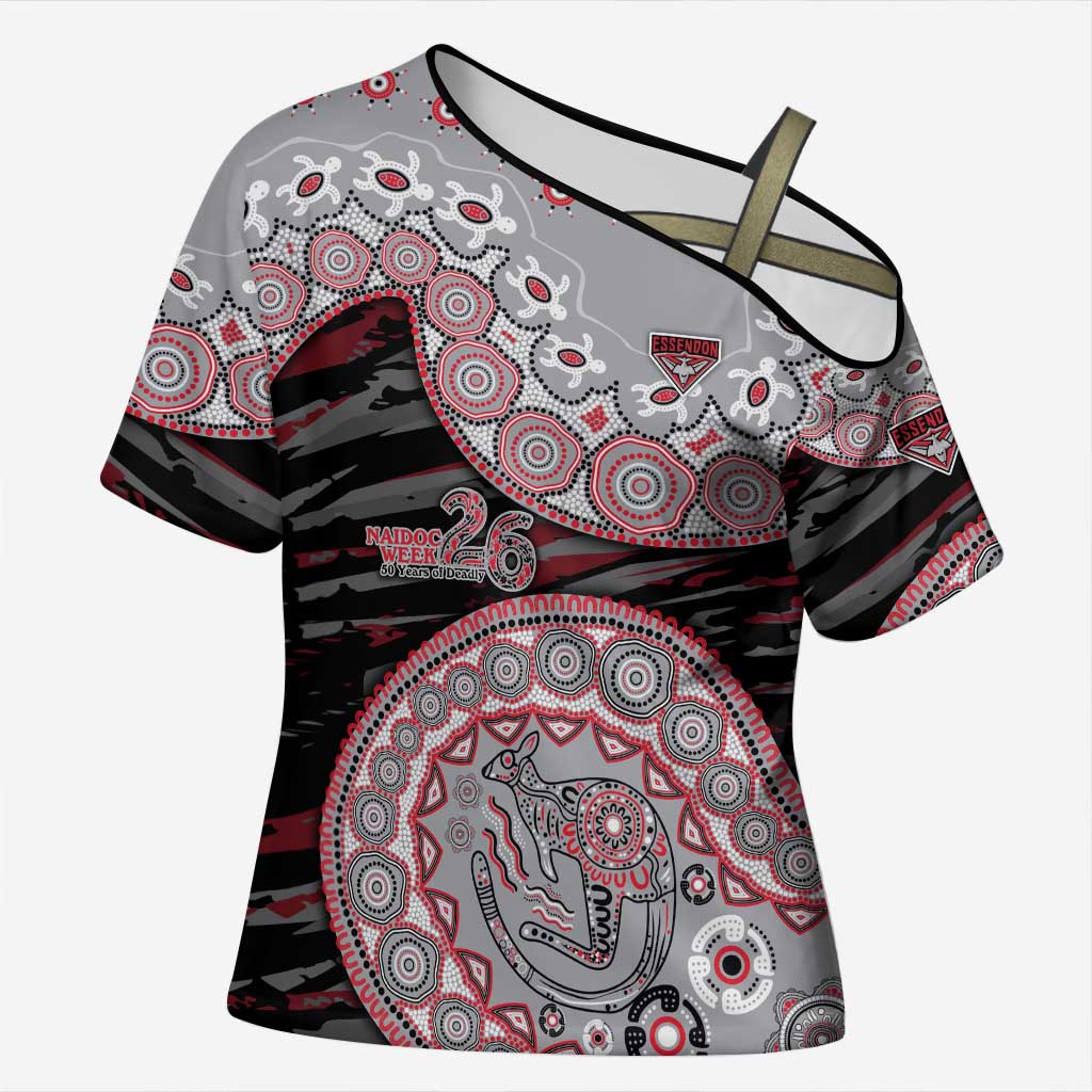 Essendon Bombers NAIDOC Week 2026 Cross Shoulder Shirt Australian Aboriginal Dot Art Dreamtime Pattern Style
