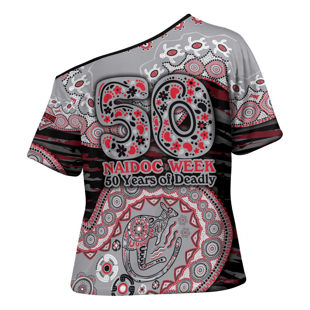 Essendon Bombers NAIDOC Week 2026 Cross Shoulder Shirt Australian Aboriginal Dot Art Dreamtime Pattern Style
