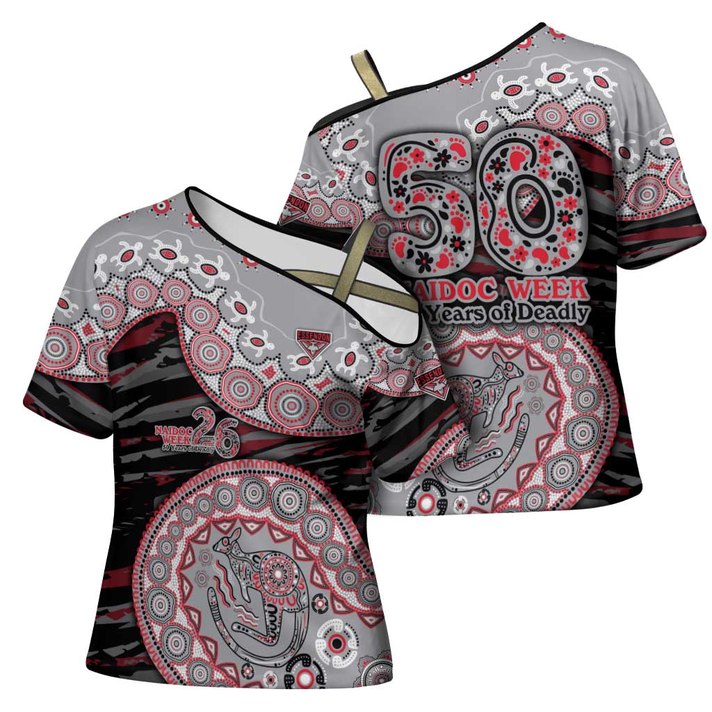 Essendon Bombers NAIDOC Week 2026 Cross Shoulder Shirt Australian Aboriginal Dot Art Dreamtime Pattern Style