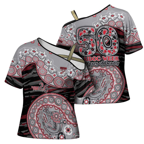 Essendon Bombers NAIDOC Week 2026 Cross Shoulder Shirt Australian Aboriginal Dot Art Dreamtime Pattern Style