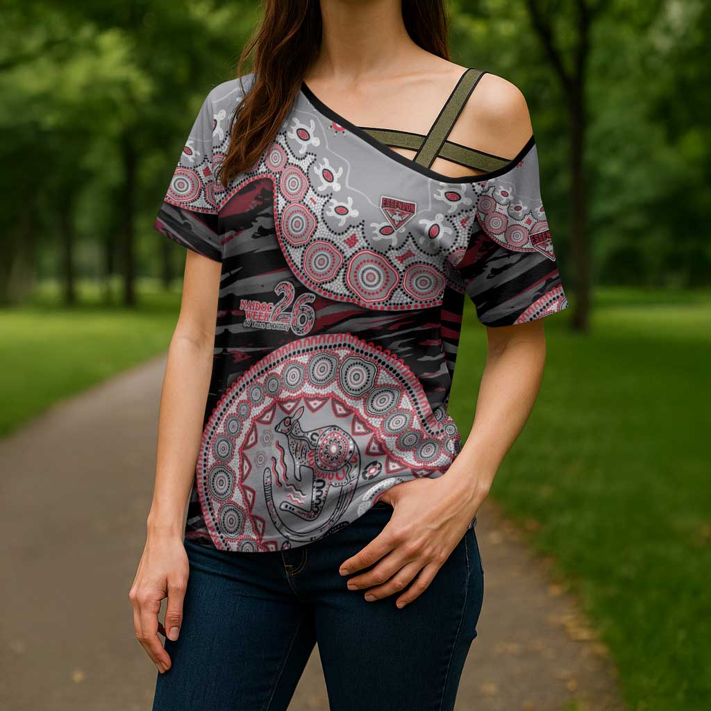 Essendon Bombers NAIDOC Week 2026 Cross Shoulder Shirt Australian Aboriginal Dot Art Dreamtime Pattern Style