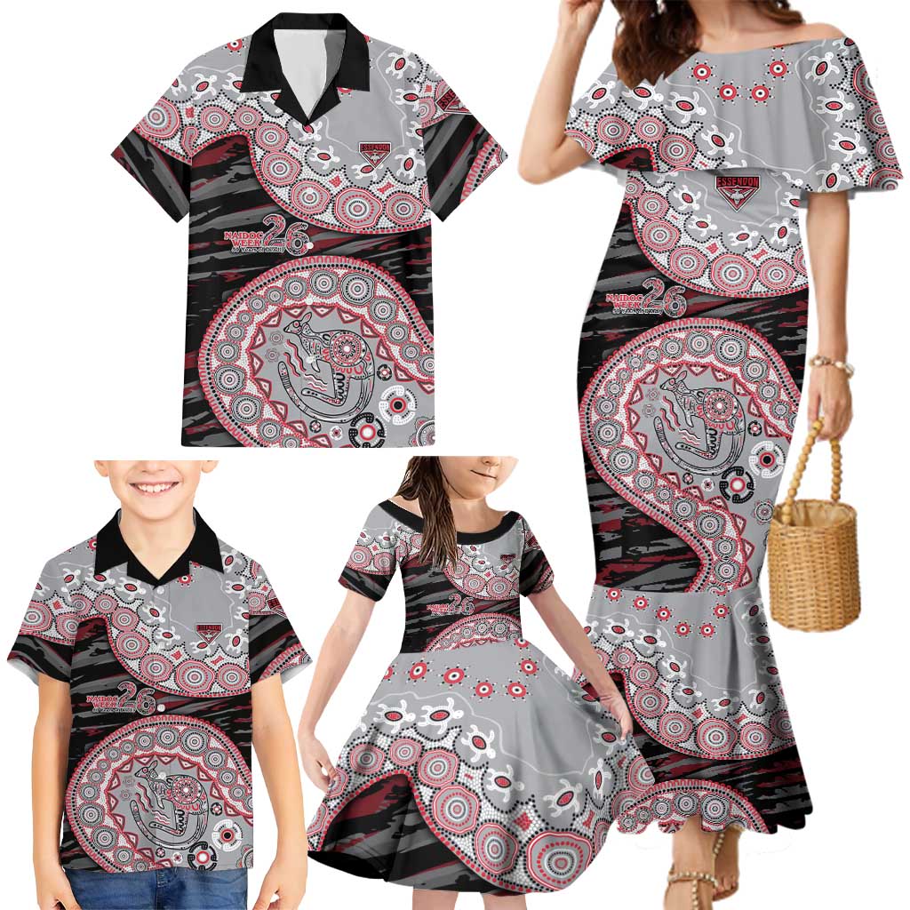 Essendon Bombers NAIDOC Week 2026 Family Matching Mermaid Dress and Hawaiian Shirt Australian Aboriginal Dot Art Dreamtime Pattern Style