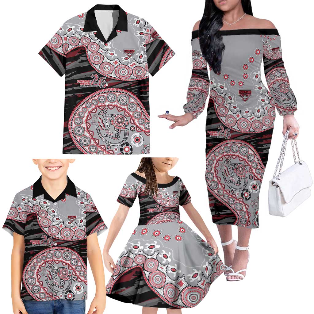 Essendon Bombers NAIDOC Week 2026 Family Matching Off The Shoulder Long Sleeve Dress and Hawaiian Shirt Australian Aboriginal Dot Art Dreamtime Pattern Style