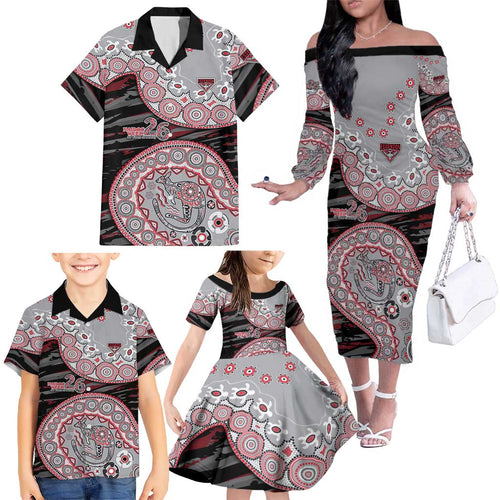 Essendon Bombers NAIDOC Week 2026 Family Matching Off The Shoulder Long Sleeve Dress and Hawaiian Shirt Australian Aboriginal Dot Art Dreamtime Pattern Style
