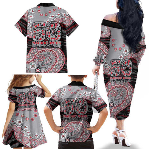 Essendon Bombers NAIDOC Week 2026 Family Matching Off The Shoulder Long Sleeve Dress and Hawaiian Shirt Australian Aboriginal Dot Art Dreamtime Pattern Style