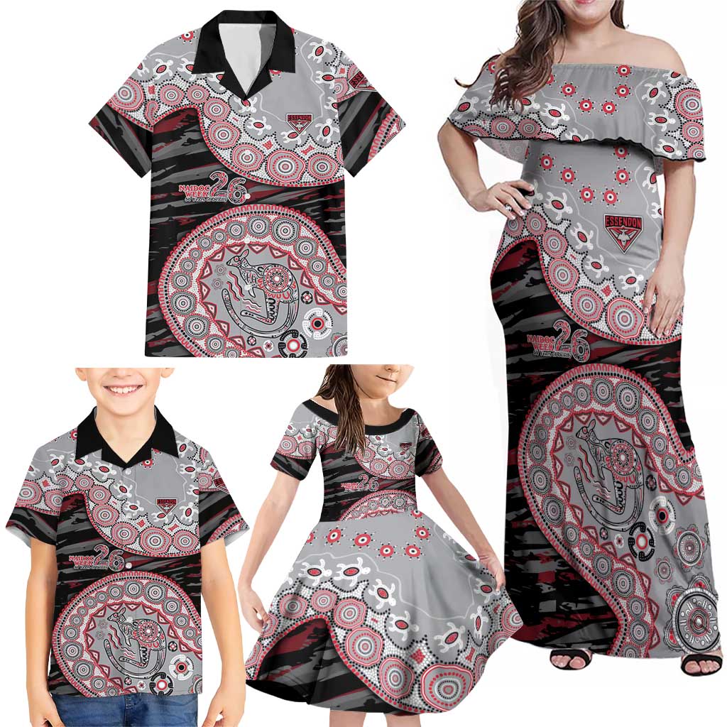 Essendon Bombers NAIDOC Week 2026 Family Matching Off Shoulder Maxi Dress and Hawaiian Shirt Australian Aboriginal Dot Art Dreamtime Pattern Style