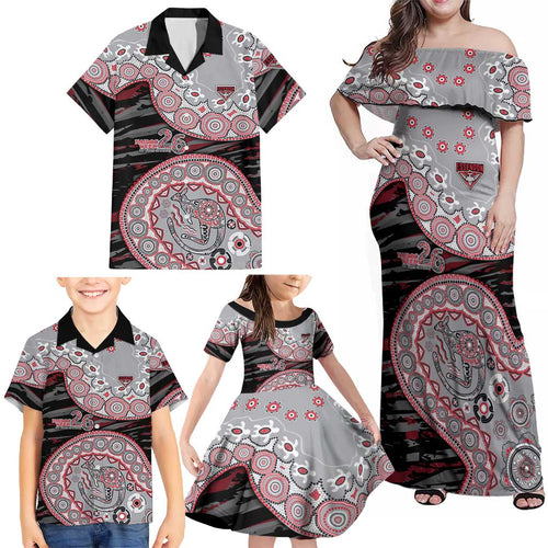 Essendon Bombers NAIDOC Week 2026 Family Matching Off Shoulder Maxi Dress and Hawaiian Shirt Australian Aboriginal Dot Art Dreamtime Pattern Style