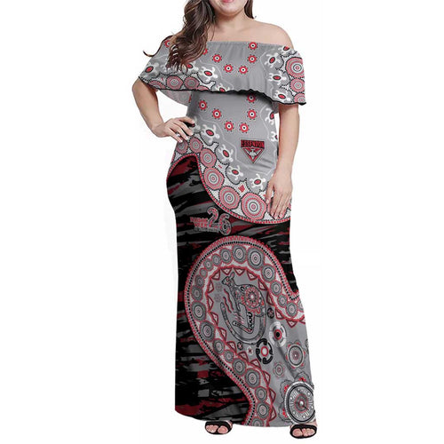 Essendon Bombers NAIDOC Week 2026 Family Matching Off Shoulder Maxi Dress and Hawaiian Shirt Australian Aboriginal Dot Art Dreamtime Pattern Style