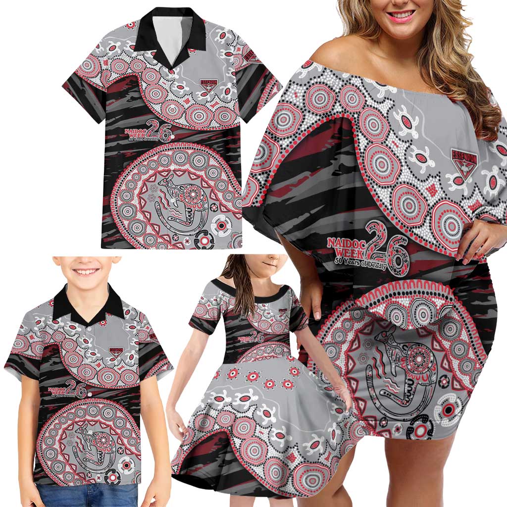 Essendon Bombers NAIDOC Week 2026 Family Matching Off Shoulder Short Dress and Hawaiian Shirt Australian Aboriginal Dot Art Dreamtime Pattern Style