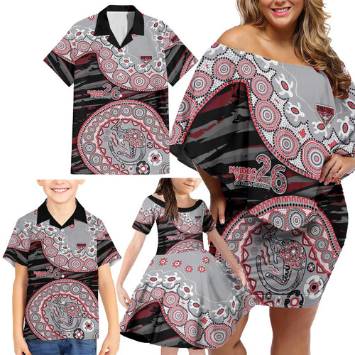 Essendon Bombers NAIDOC Week 2026 Family Matching Off Shoulder Short Dress and Hawaiian Shirt Australian Aboriginal Dot Art Dreamtime Pattern Style