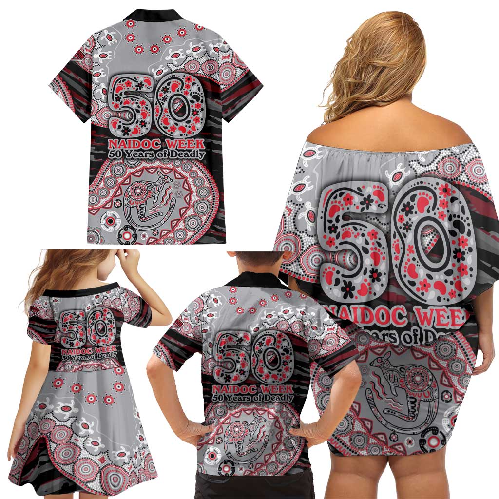 Essendon Bombers NAIDOC Week 2026 Family Matching Off Shoulder Short Dress and Hawaiian Shirt Australian Aboriginal Dot Art Dreamtime Pattern Style