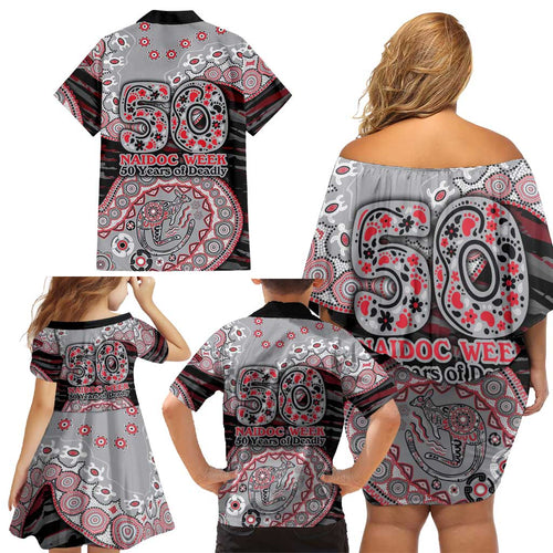 Essendon Bombers NAIDOC Week 2026 Family Matching Off Shoulder Short Dress and Hawaiian Shirt Australian Aboriginal Dot Art Dreamtime Pattern Style