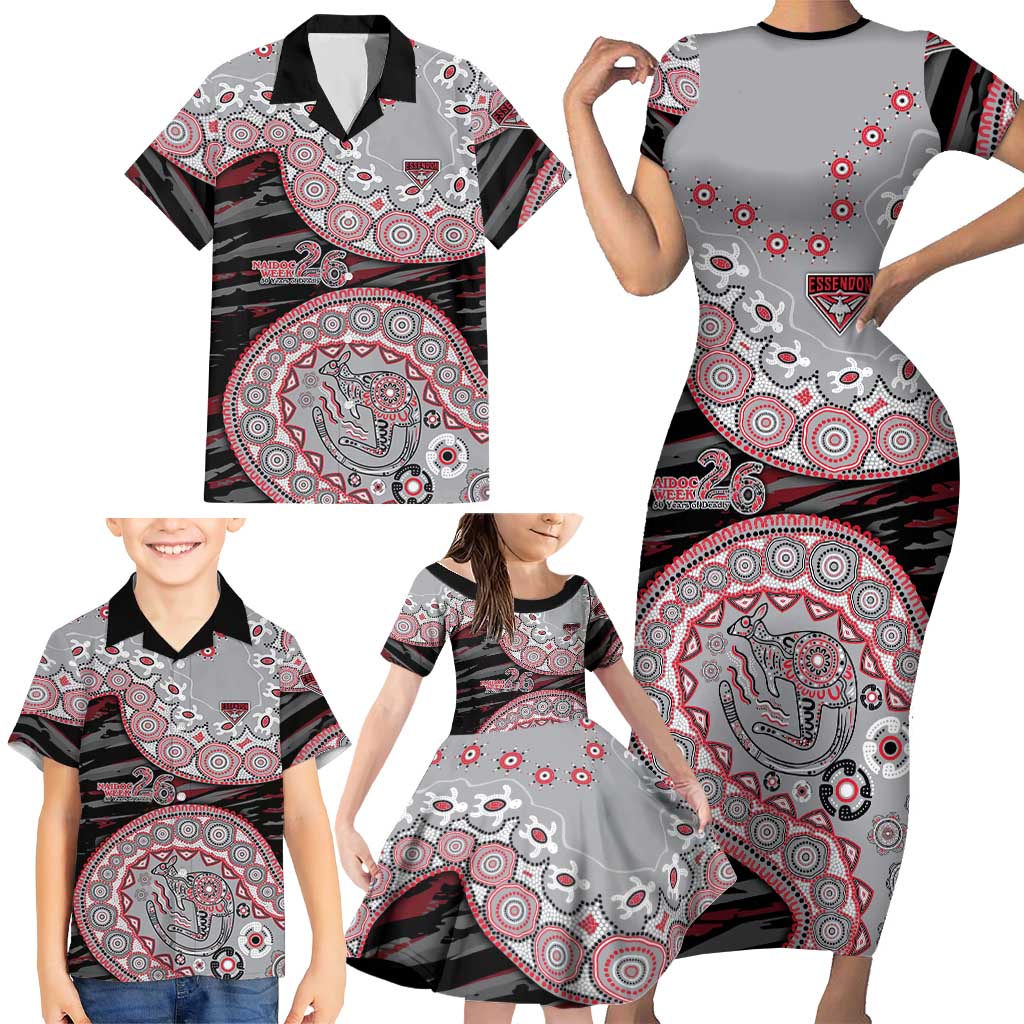 Essendon Bombers NAIDOC Week 2026 Family Matching Short Sleeve Bodycon Dress and Hawaiian Shirt Australian Aboriginal Dot Art Dreamtime Pattern Style