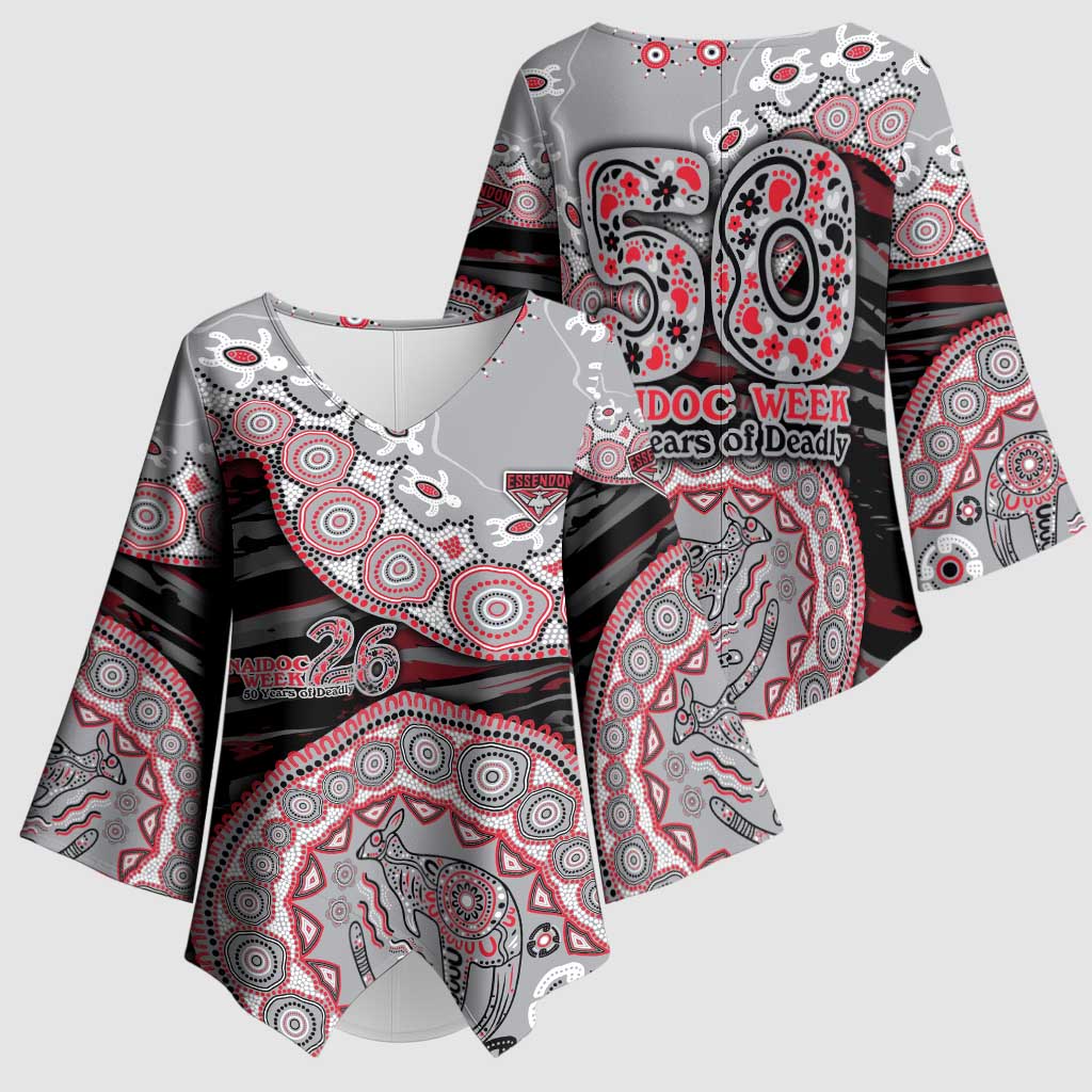 Essendon Bombers NAIDOC Week 2026 Kimono Sleeve Blouse Australian Aboriginal Dot Art Dreamtime Pattern Style