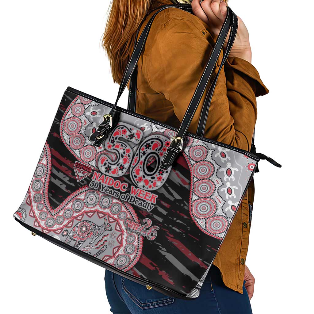 Essendon Bombers NAIDOC Week 2026 Leather Tote Bag Australian Aboriginal Dot Art Dreamtime Pattern Style