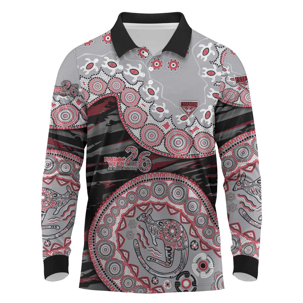 Essendon Bombers NAIDOC Week 2026 Long Sleeve Polo Shirt Australian Aboriginal Dot Art Dreamtime Pattern Style