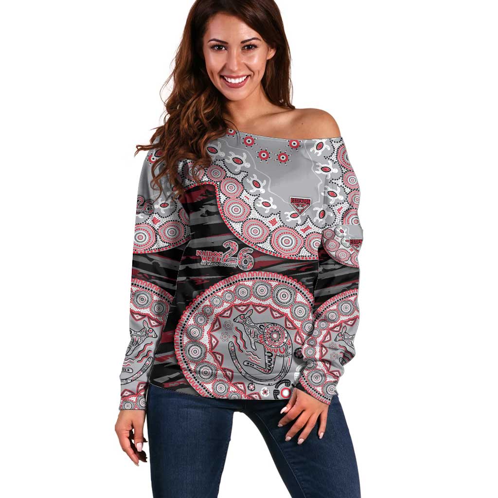 Essendon Bombers NAIDOC Week 2026 Off Shoulder Sweater Australian Aboriginal Dot Art Dreamtime Pattern Style
