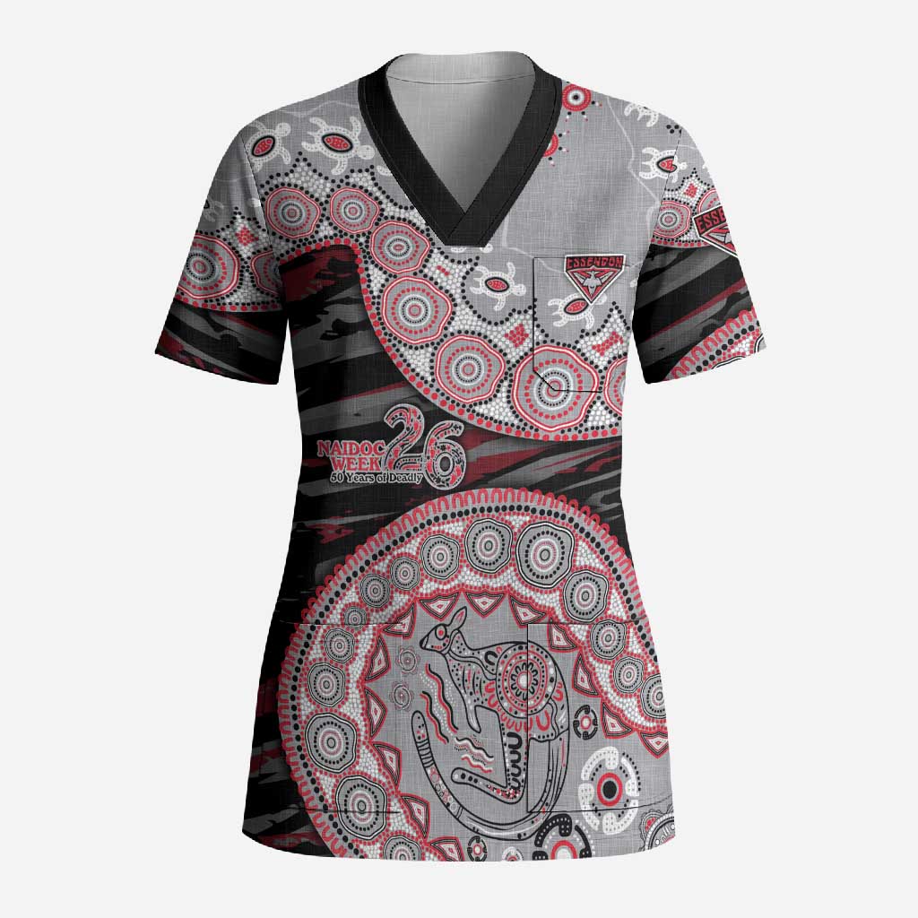 Essendon Bombers NAIDOC Week 2026 Scrub Top Australian Aboriginal Dot Art Dreamtime Pattern Style