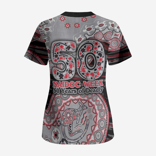 Essendon Bombers NAIDOC Week 2026 Scrub Top Australian Aboriginal Dot Art Dreamtime Pattern Style