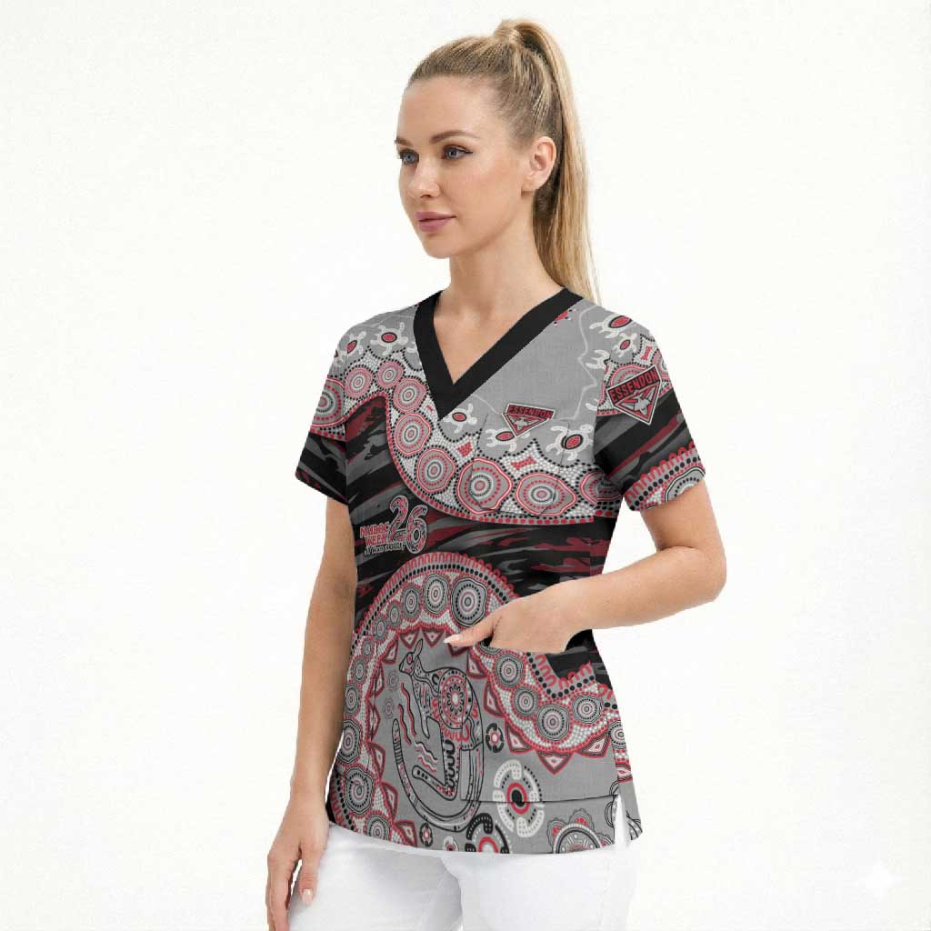 Essendon Bombers NAIDOC Week 2026 Scrub Top Australian Aboriginal Dot Art Dreamtime Pattern Style