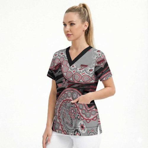 Essendon Bombers NAIDOC Week 2026 Scrub Top Australian Aboriginal Dot Art Dreamtime Pattern Style