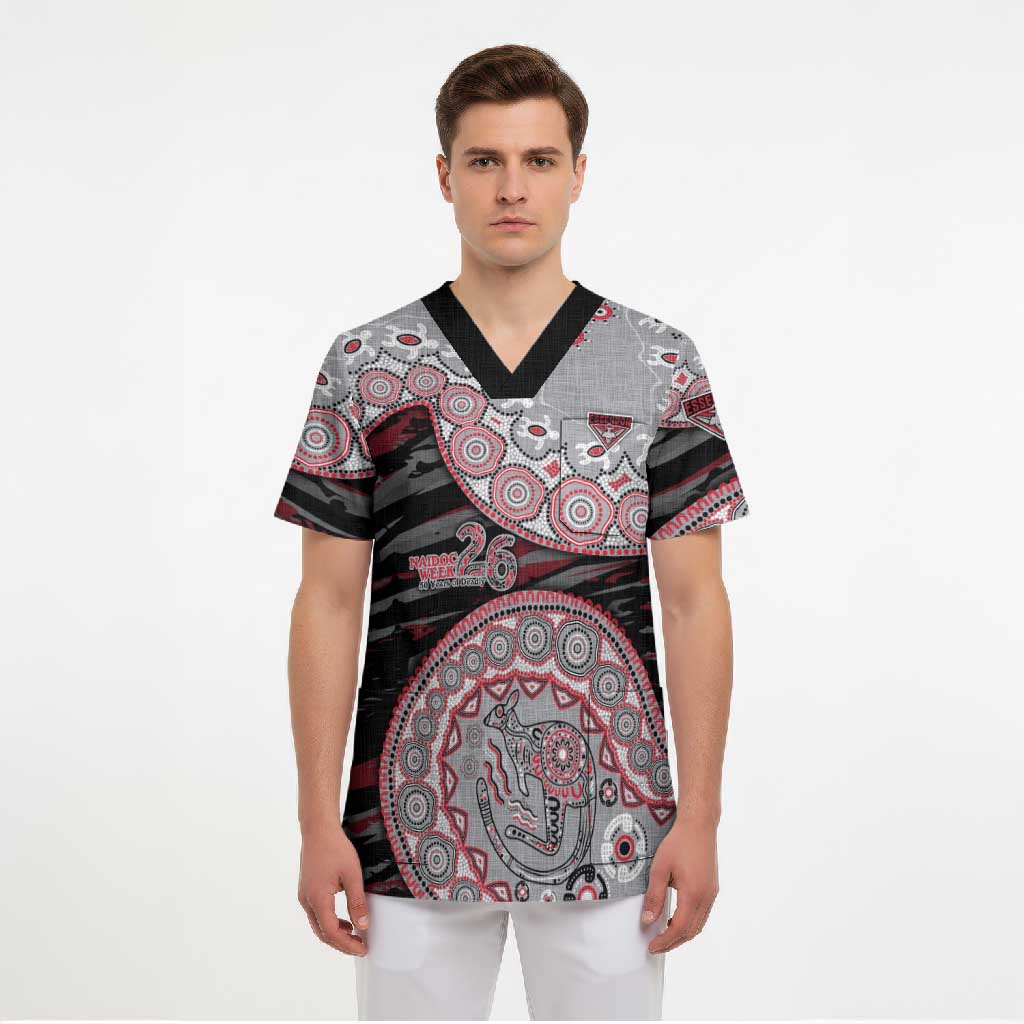 Essendon Bombers NAIDOC Week 2026 Scrub Top Australian Aboriginal Dot Art Dreamtime Pattern Style