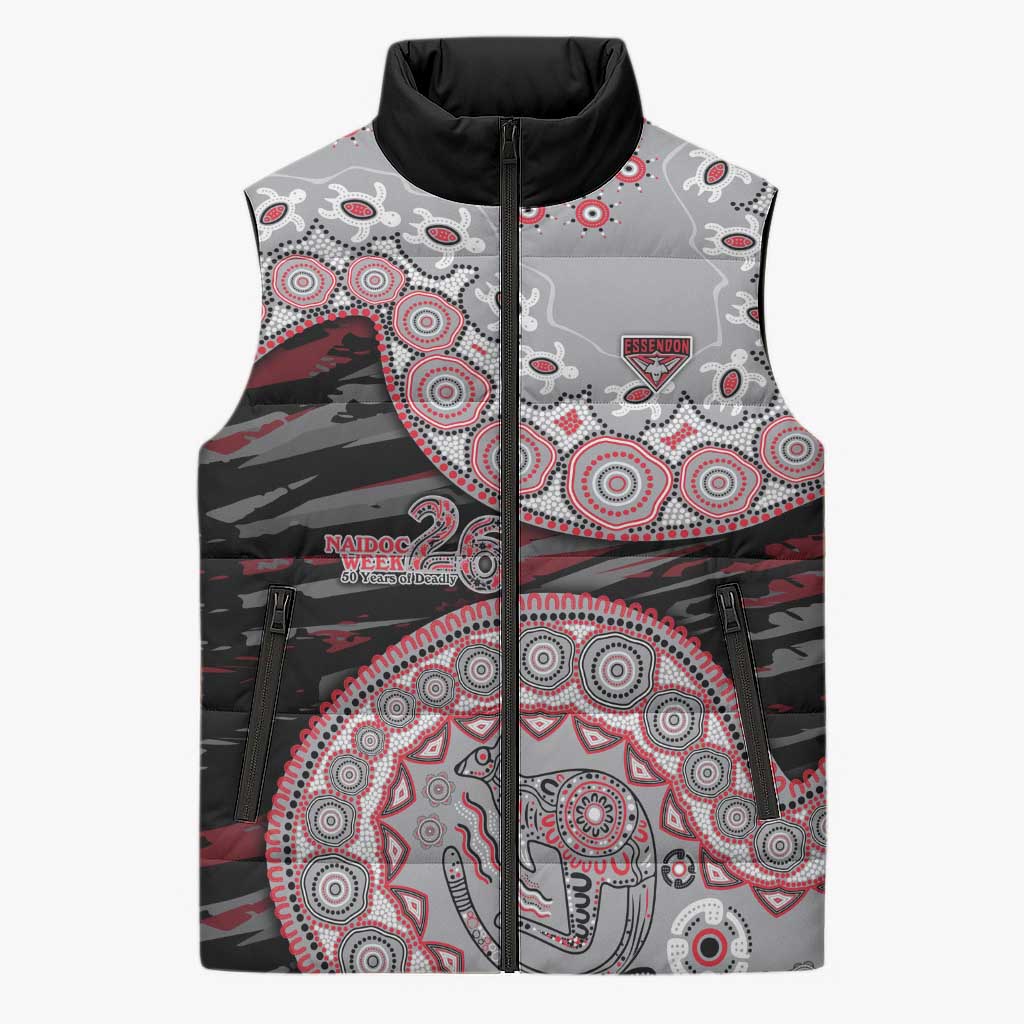 Essendon Bombers NAIDOC Week 2026 Sleeveless Puffer Jacket Australian Aboriginal Dot Art Dreamtime Pattern Style