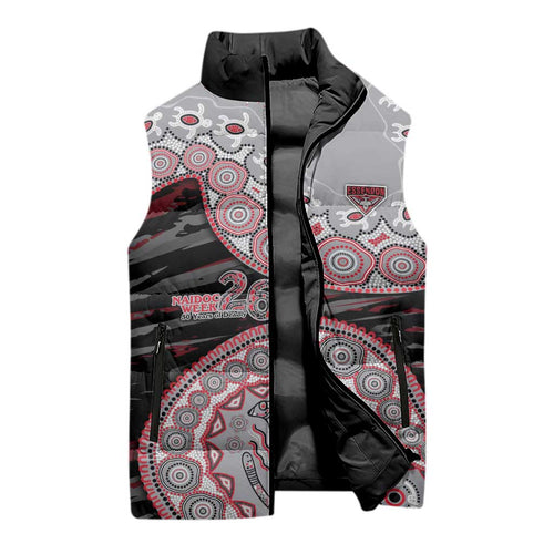 Essendon Bombers NAIDOC Week 2026 Sleeveless Puffer Jacket Australian Aboriginal Dot Art Dreamtime Pattern Style