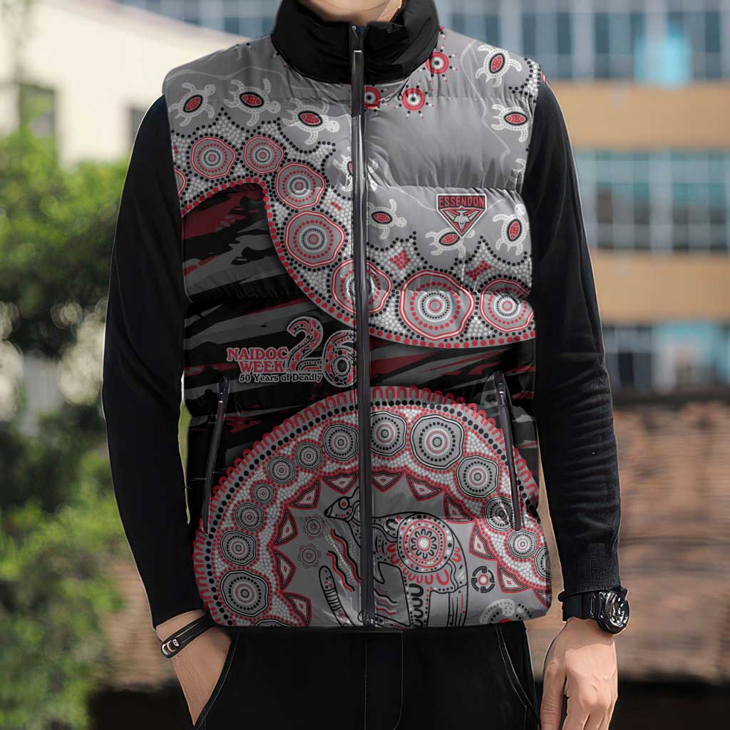Essendon Bombers NAIDOC Week 2026 Sleeveless Puffer Jacket Australian Aboriginal Dot Art Dreamtime Pattern Style