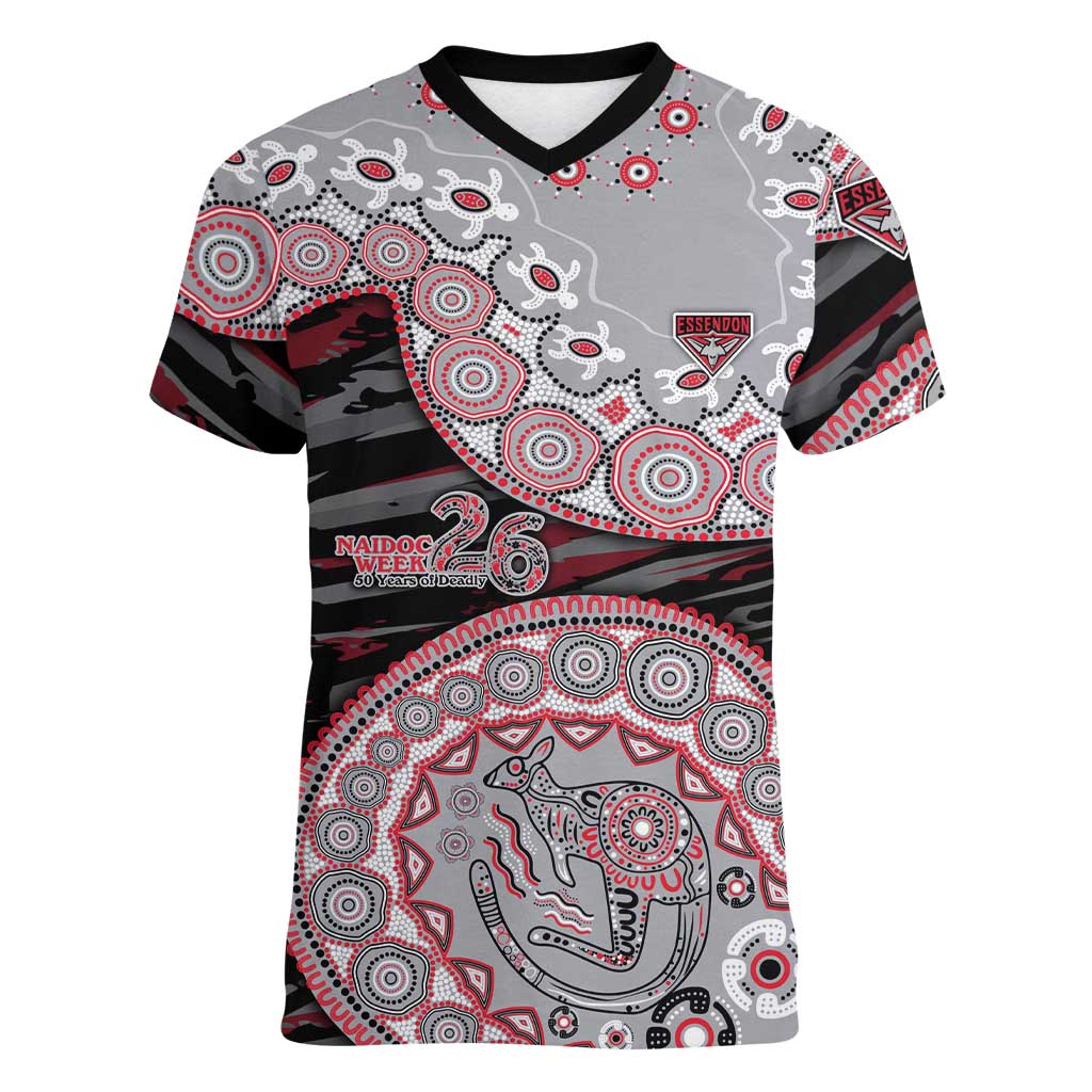 Essendon Bombers NAIDOC Week 2026 Women V-Neck T-Shirt Australian Aboriginal Dot Art Dreamtime Pattern Style