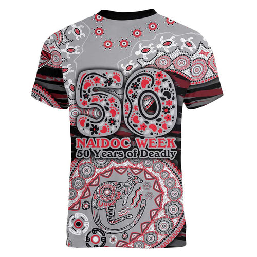 Essendon Bombers NAIDOC Week 2026 Women V-Neck T-Shirt Australian Aboriginal Dot Art Dreamtime Pattern Style