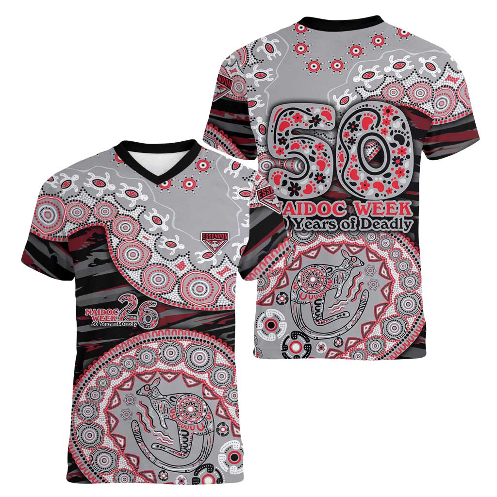 Essendon Bombers NAIDOC Week 2026 Women V-Neck T-Shirt Australian Aboriginal Dot Art Dreamtime Pattern Style