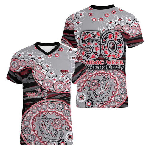 Essendon Bombers NAIDOC Week 2026 Women V-Neck T-Shirt Australian Aboriginal Dot Art Dreamtime Pattern Style