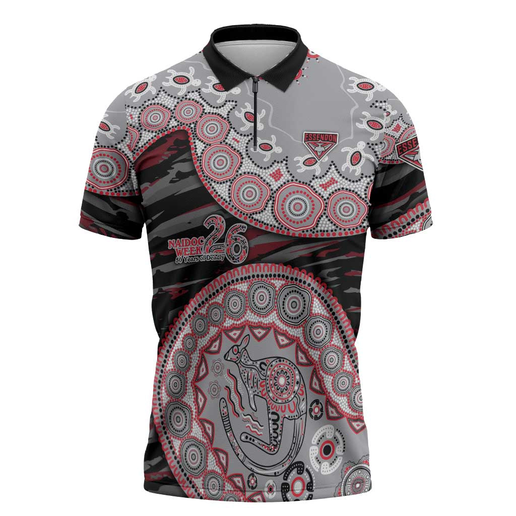 Essendon Bombers NAIDOC Week 2026 Zipper Polo Shirt Australian Aboriginal Dot Art Dreamtime Pattern Style