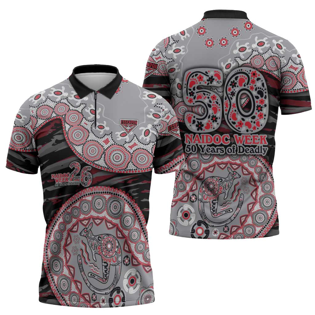 Essendon Bombers NAIDOC Week 2026 Zipper Polo Shirt Australian Aboriginal Dot Art Dreamtime Pattern Style