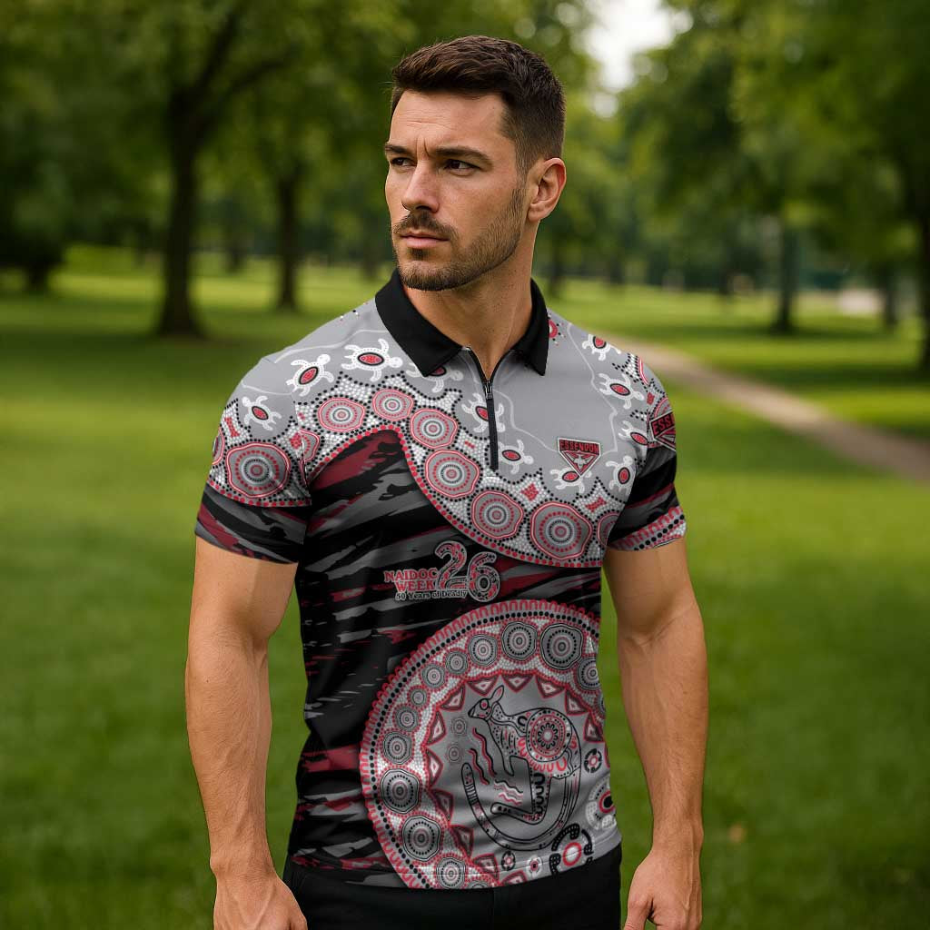 Essendon Bombers NAIDOC Week 2026 Zipper Polo Shirt Australian Aboriginal Dot Art Dreamtime Pattern Style