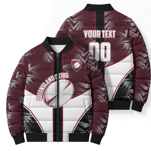 Personalized Queensland Oztag Bomber Puffer Jacket Abstract Geometric Pattern Sports