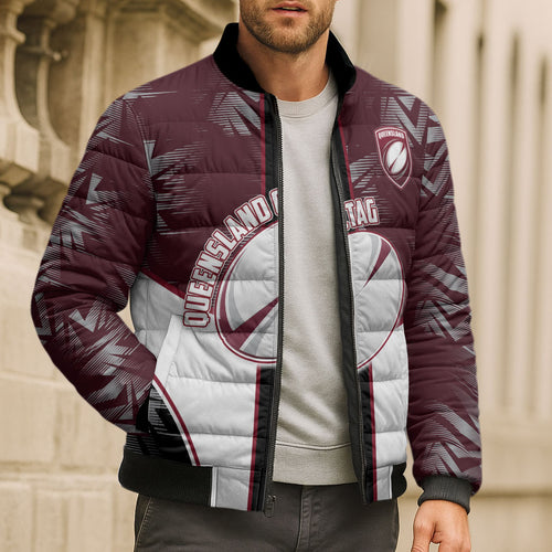 Personalized Queensland Oztag Bomber Puffer Jacket Abstract Geometric Pattern Sports