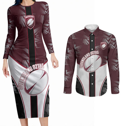 Personalized Queensland Oztag Couples Matching Long Sleeve Bodycon Dress and Long Sleeve Button Shirt Abstract Geometric Pattern Sports
