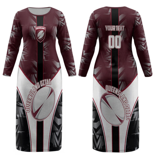 Personalized Queensland Oztag Couples Matching Long Sleeve Bodycon Dress and Long Sleeve Button Shirt Abstract Geometric Pattern Sports