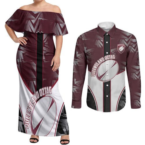 Personalized Queensland Oztag Couples Matching Off Shoulder Maxi Dress and Long Sleeve Button Shirt Abstract Geometric Pattern Sports