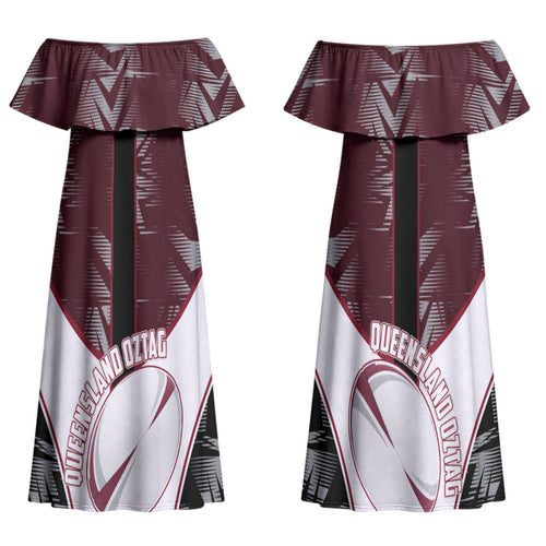 Personalized Queensland Oztag Couples Matching Off Shoulder Maxi Dress and Long Sleeve Button Shirt Abstract Geometric Pattern Sports