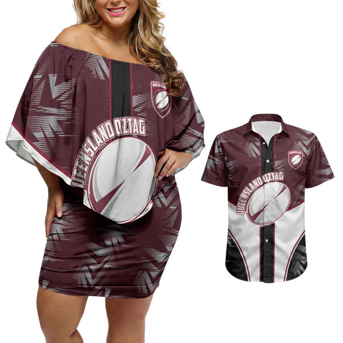 Personalized Queensland Oztag Couples Matching Off Shoulder Short Dress and Hawaiian Shirt Abstract Geometric Pattern Sports