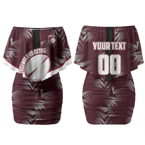 Personalized Queensland Oztag Couples Matching Off Shoulder Short Dress and Hawaiian Shirt Abstract Geometric Pattern Sports
