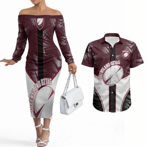 Personalized Queensland Oztag Couples Matching Off The Shoulder Long Sleeve Dress and Hawaiian Shirt Abstract Geometric Pattern Sports