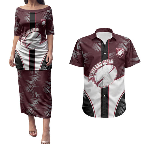 Personalized Queensland Oztag Couples Matching Puletasi and Hawaiian Shirt Abstract Geometric Pattern Sports