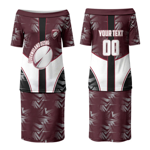 Personalized Queensland Oztag Couples Matching Puletasi and Hawaiian Shirt Abstract Geometric Pattern Sports