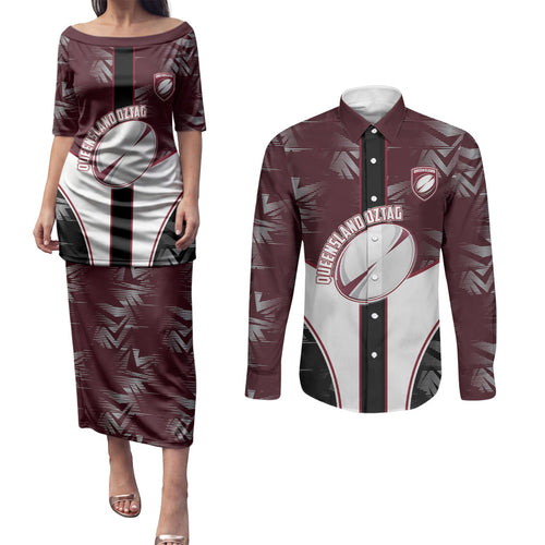 Personalized Queensland Oztag Couples Matching Puletasi and Long Sleeve Button Shirt Abstract Geometric Pattern Sports