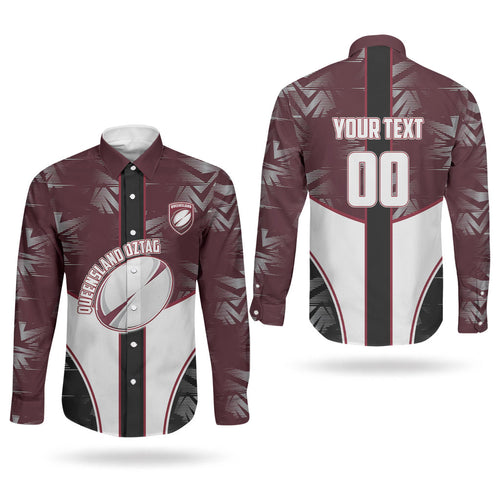Personalized Queensland Oztag Couples Matching Puletasi and Long Sleeve Button Shirt Abstract Geometric Pattern Sports