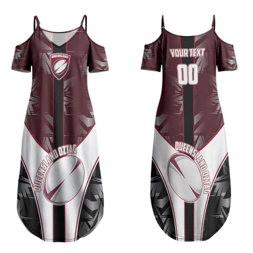 Personalized Queensland Oztag Couples Matching Summer Maxi Dress and Long Sleeve Button Shirt Abstract Geometric Pattern Sports